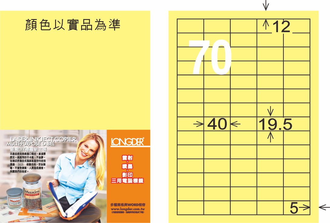 龍德 LD-878-Y-C A4三用電腦標籤 淺黃色 / 包