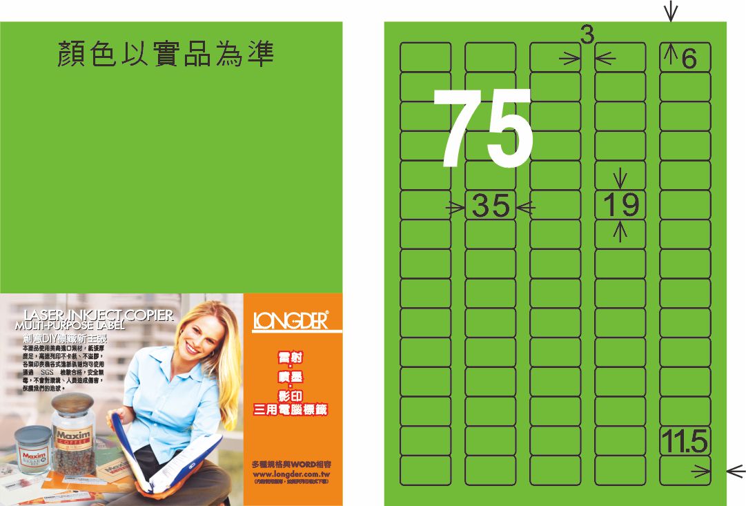 龍德 LD-882-FG-C A4雷射影印標籤 螢光綠 / 包