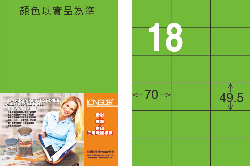 龍德 LD-875-FG-C A4雷射影印標籤 螢光綠 / 包