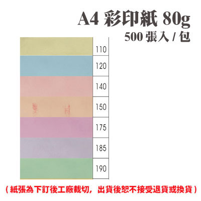 A4 彩印紙 80磅 (500張) /包 ( 此為訂製品，出貨後無法退換貨 )
