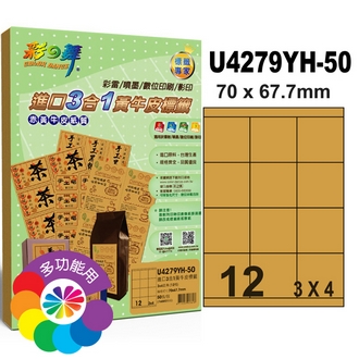 {振昌文具}【請先來電洽詢庫存】彩之舞 U4279YH-50 進口3合1黃牛皮標籤 3x4／12格直角(70*67.7mm) - 50張/包