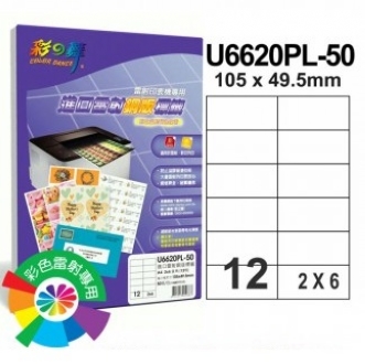 {振昌文具}【請先來電洽詢庫存】彩之舞 U6620PL-50 進口彩雷銅版標籤 2x6／12格直角(105*49.5mm) - 50張/包