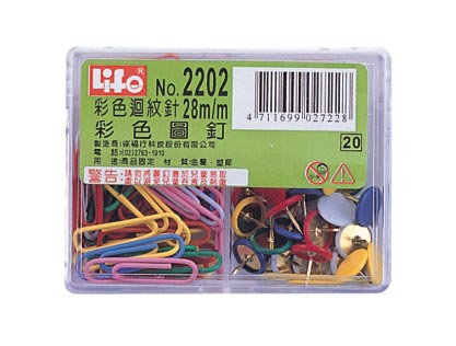 {振昌文具}【徠福LIFE】 NO.2202 豪華型(彩色迴紋針60支入、彩色圖釘35支入) / 盒