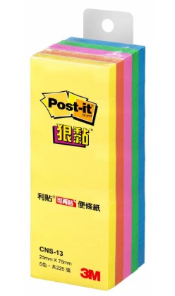 {振昌文具}3M™ Post-it® 利貼® 狠黏™ 便條紙 CNS-13, 五色, 25公釐 x 75公釐, 45張/本, 5本/盒